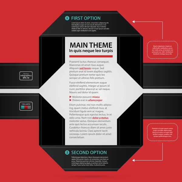 Moderne Web-Design-Vorlage mit zwei schwarzen Papierstreifen und Optionen auf rotem Hintergrund. strenger Unternehmensstil. nützlich für Geschäftsberichte, Präsentationen und Medien. — Stockvektor