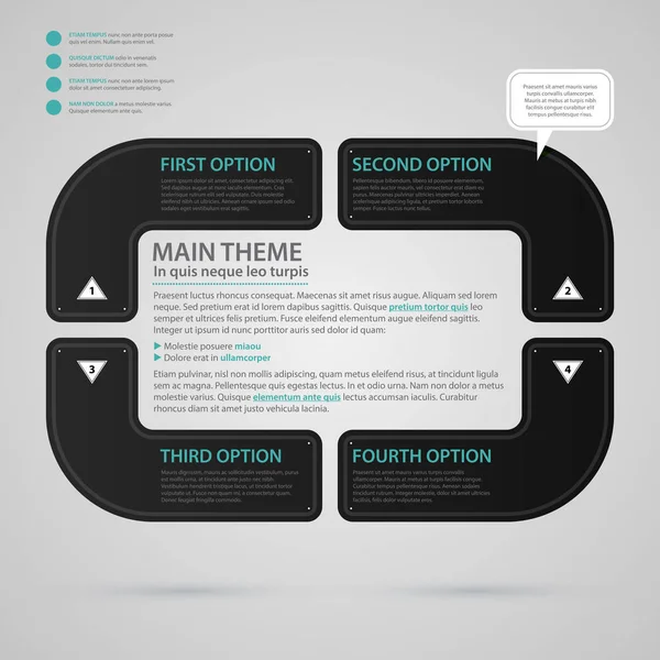Moderne web-ontwerpsjabloon met vier opties en tekst. Strikte zakelijke stijl. Handig voor jaarverslagen, presentaties en media. — Stockvector