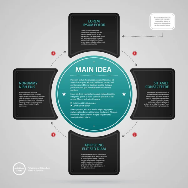 Modern web design template with cross made of four options and cyan circle with text. Strict corporate business style. Useful for annual reports, presentations and media. — Stock Vector