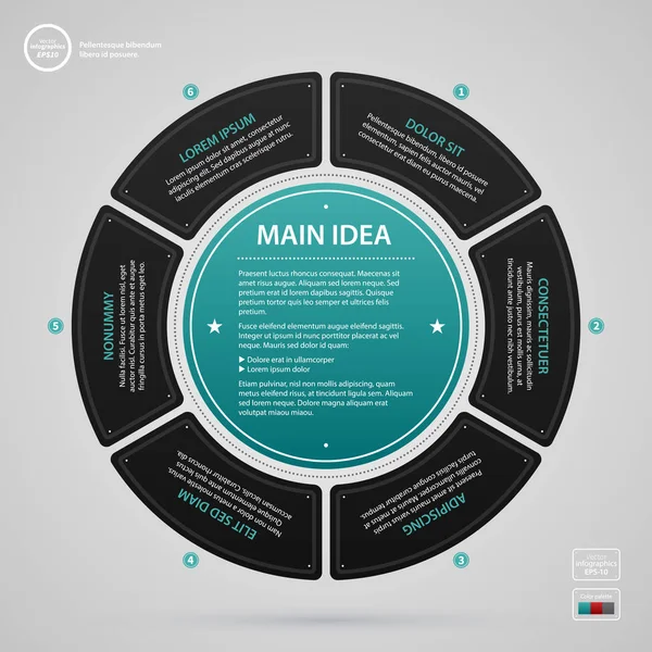 Moderne web-ontwerpsjabloon met complexe cirkel en zes opties. Strikte zakelijke stijl. Handig voor jaarverslagen, presentaties en media. — Stockvector