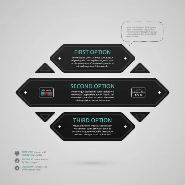 Plantilla de diseño web moderna con tres opciones de papel negro. Estricto estilo de negocio corporativo. Útil para informes anuales, presentaciones y medios de comunicación . — Archivo Imágenes Vectoriales