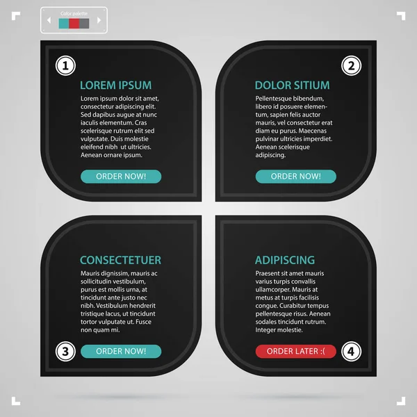 Moderne web-ontwerpsjabloon met vier opties van zwart papier. Strikte zakelijke stijl. Handig voor jaarverslagen, presentaties en media. — Stockvector