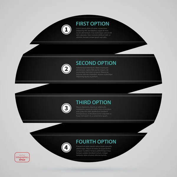 Modèle moderne de sphère de conception Web avec quatre options en bande de papier noir. Style d'entreprise strict. Utile pour les rapports annuels, les présentations et les médias . — Image vectorielle