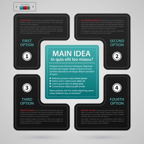 Plantilla de diseño web moderna con cuadrado hecho de cuatro opciones. Estricto estilo de negocio corporativo. Útil para informes anuales, presentaciones y medios de comunicación . — Archivo Imágenes Vectoriales