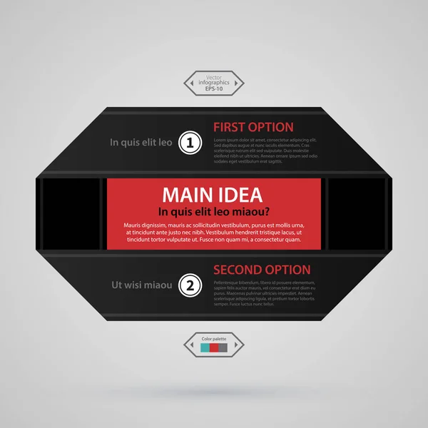 Plantilla de diseño web moderna con franja de papel negro, dos opciones numeradas y texto. Estricto estilo de negocio corporativo. Útil para informes anuales, presentaciones y medios de comunicación . — Vector de stock