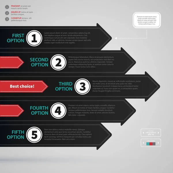 Plantilla de diseño web moderna con cinco flechas negras numeradas. Estricto estilo de negocio corporativo. Útil para informes anuales, presentaciones y medios de comunicación . — Archivo Imágenes Vectoriales