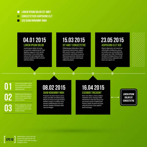 Modèle de chronologie sur fond vert frais. Utile pour les présentations et l'infographie historique . — Image vectorielle