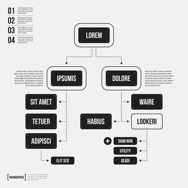 Modèle d'organigramme avec des éléments géométriques sur fond blanc. Utile pour les présentations scientifiques et commerciales . — Image vectorielle