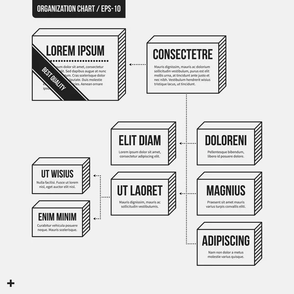 Plantilla de organigrama con elementos geométricos sobre fondo blanco. Útil para presentaciones científicas y empresariales . — Vector de stock