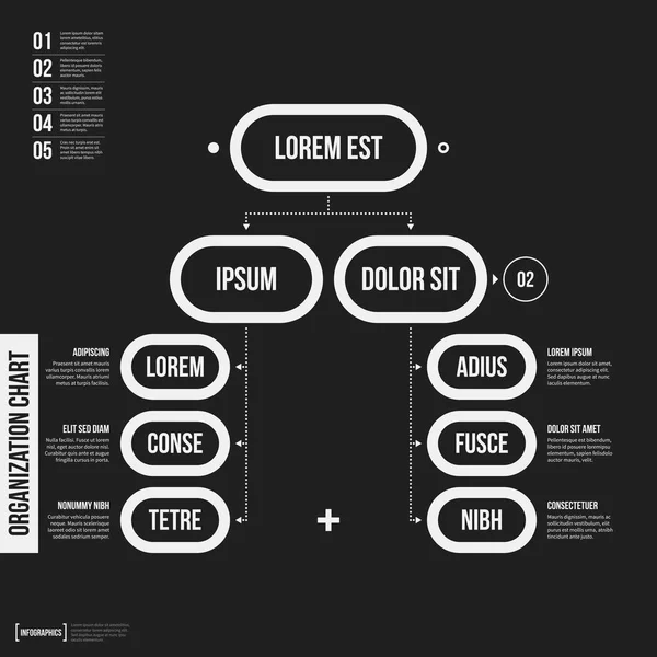 Organigramsjabloon met geometrische elementen op zwarte achtergrond. Nuttig voor wetenschap en bedrijfsleven presentaties. — Stockvector