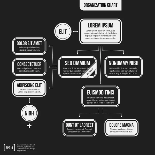 Modèle d'organigramme avec des éléments géométriques sur fond noir. Utile pour les présentations scientifiques et commerciales . — Image vectorielle