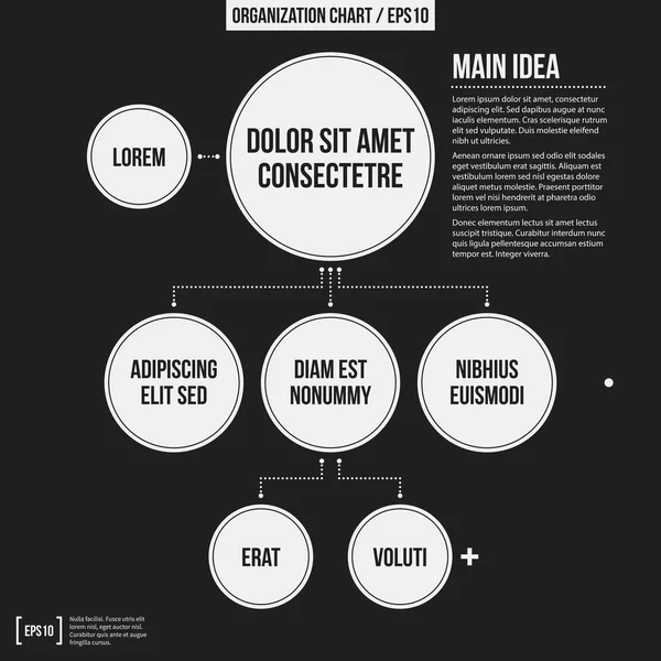 Modèle d'organigramme avec des éléments géométriques sur fond noir. Utile pour les présentations scientifiques et commerciales . — Image vectorielle