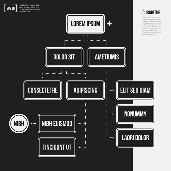 Modèle d'organigramme avec des éléments géométriques sur fond noir. Utile pour les présentations scientifiques et commerciales . — Image vectorielle