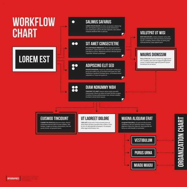 Modèle d'organigramme avec des éléments géométriques sur fond rouge vif. Utile pour les présentations scientifiques et commerciales . — Image vectorielle