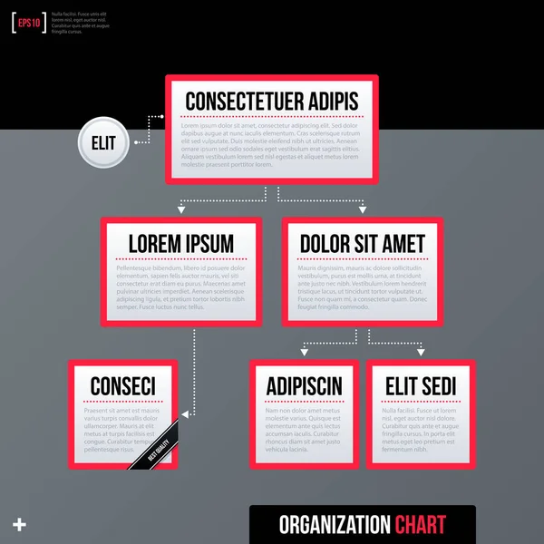 Modelo de gráfico de organização de negócios moderno, retângulos brancos com bordas vermelhas no fundo cinza. Estilo corporativo neutro . Gráficos Vetores