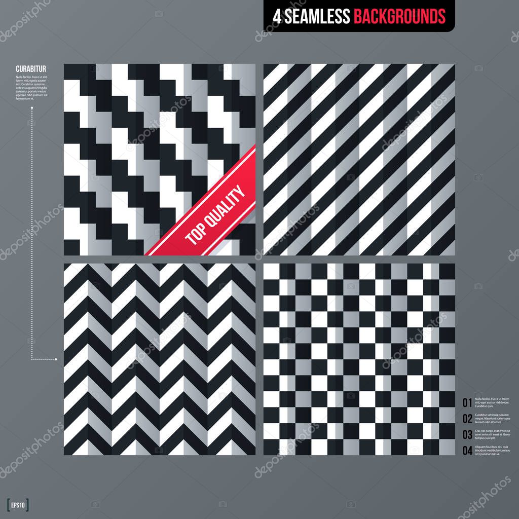 Set of four modern business seamless patterns. Simple geometric monochrome patterns on gray background.