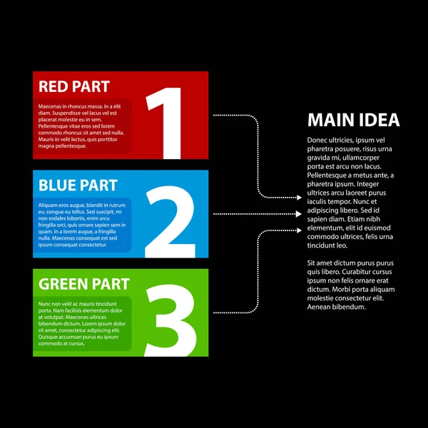 3 カラフルなバナーでは、3 つで、主要なアイデアにつながる矢印 1 番から。デモとプレゼンテーションに便利. — ストックベクタ