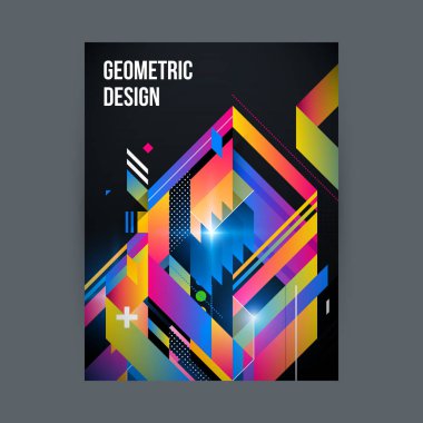 Poster/kapak tasarım şablonu siyah arka plan üzerine parlak geometrik şekillerle.