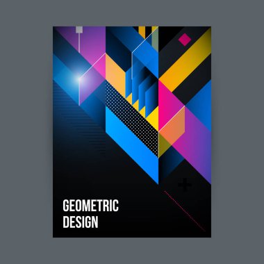 Poster/kapak tasarım şablonu siyah arka plan üzerine parlak geometrik şekillerle.