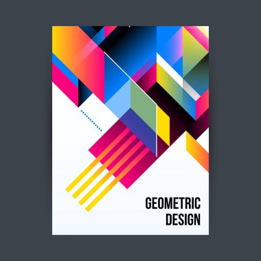 Beyaz arka plan üzerinde parlak geometrik şekillerle poster/kapak tasarım şablonu.