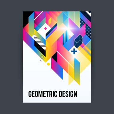 Beyaz arka plan üzerinde parlak geometrik şekillerle poster/kapak tasarım şablonu.