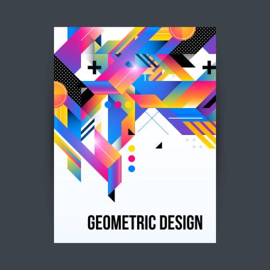 Beyaz arka plan üzerinde parlak geometrik şekillerle poster/kapak tasarım şablonu.