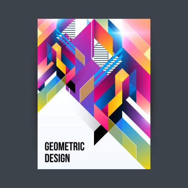 Beyaz arka plan üzerinde parlak geometrik şekillerle poster/kapak tasarım şablonu.