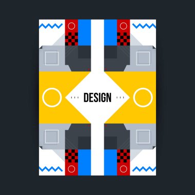 Futuristik geometrik öğelerle poster şablonu. Yapısalcılık ve modern sanat tarzı. Parlak renkler, basit şekiller.