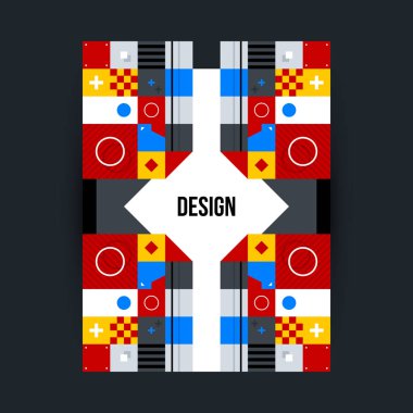 Futuristik geometrik öğelerle poster şablonu. Yapısalcılık ve modern sanat tarzı. Parlak renkler, basit şekiller.