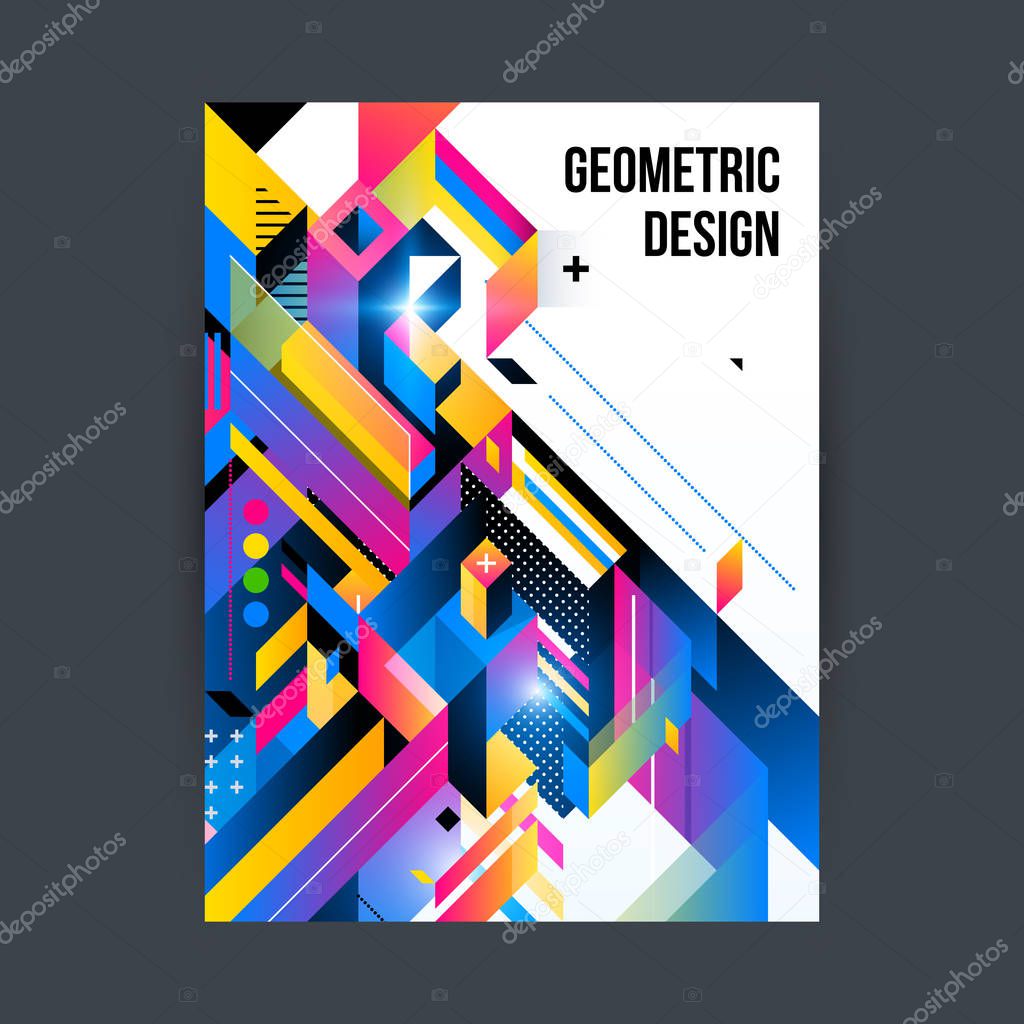 Poster/cover design template with shiny geometric shapes on white background.