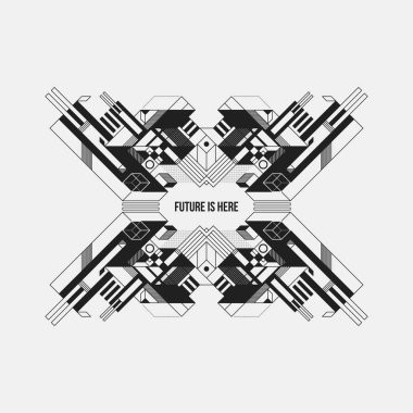 Beyaz arka plan üzerinde fütüristik simetrik tasarım öğesi. Posterler ve baskılar için yararlı.