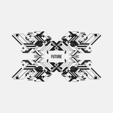 Beyaz arka plan üzerinde fütüristik simetrik tasarım öğesi. Posterler ve baskılar için yararlı.