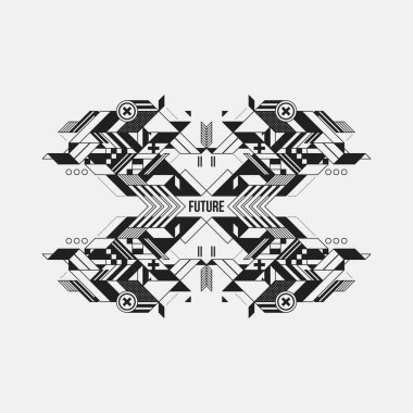 Beyaz arka plan üzerinde fütüristik simetrik tasarım öğesi. Posterler ve baskılar için yararlı.