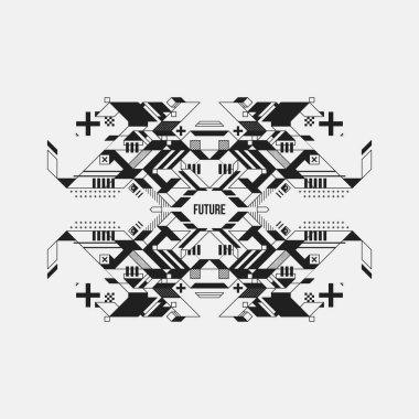 Beyaz arka plan üzerinde fütüristik simetrik tasarım öğesi. Posterler ve baskılar için yararlı.