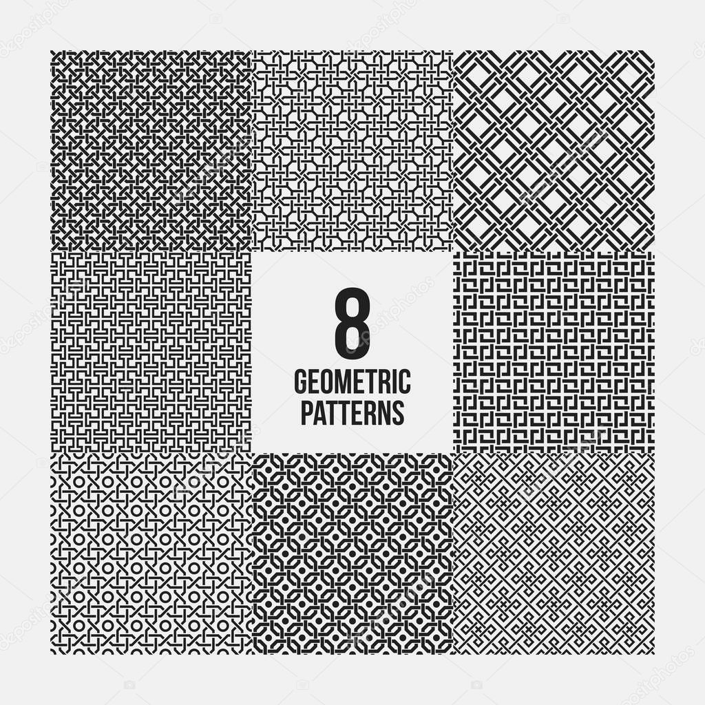 Set of 8 complex monochrome geometric patterns. Seamless backgrounds, useful for textile design.