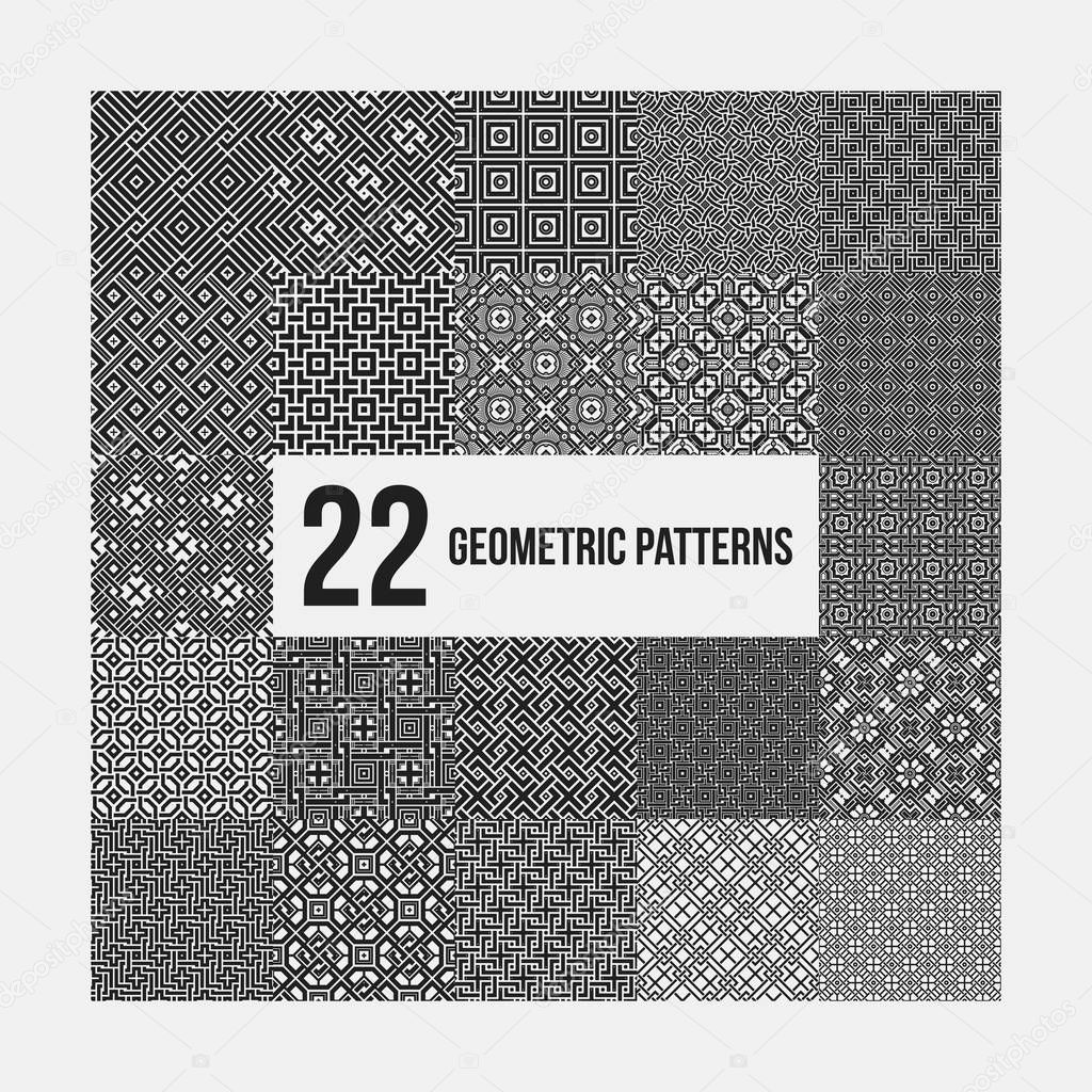 Set of 22 complex monochrome geometric patterns. Seamless backgrounds, useful for textile design.