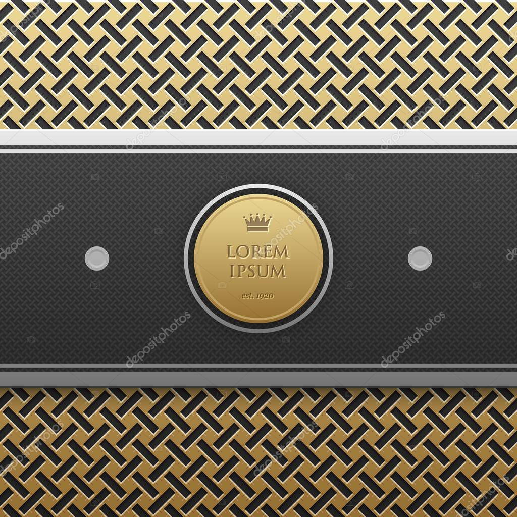 Horizontal banner template on golden metallic background with seamless geometric pattern. Elegant luxury style.