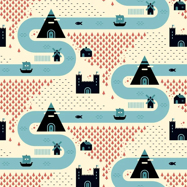 Seamless pattern with map of ancient fairy kingdom.