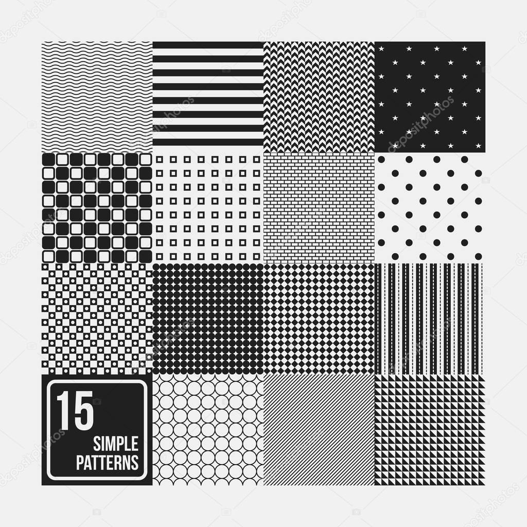 Set of 15 seamless patterns. Simple geometric design. Useful for textile design and wrapping.