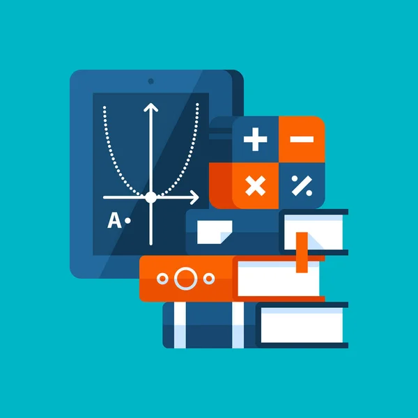 Färgglada illustration om algebra i modern platt stil. College ämne ikonen på cyan bakgrund. Böcker, matematiska symboler, tablett. — Stock vektor