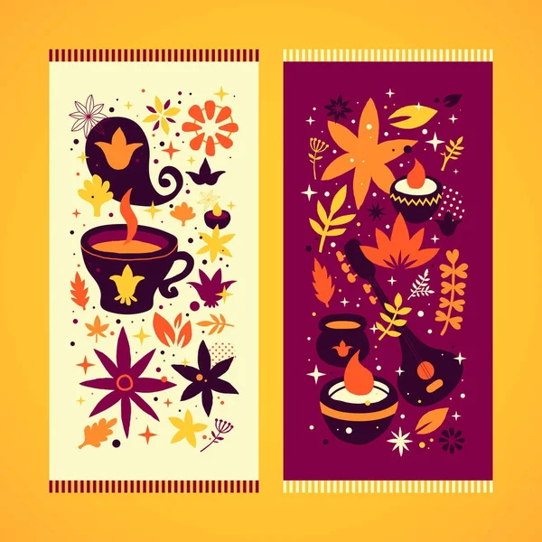 Conjunto de dos banderas de la India con elementos florales y nacionales abstractos. Útil para publicidad y diseño web . — Vector de stock