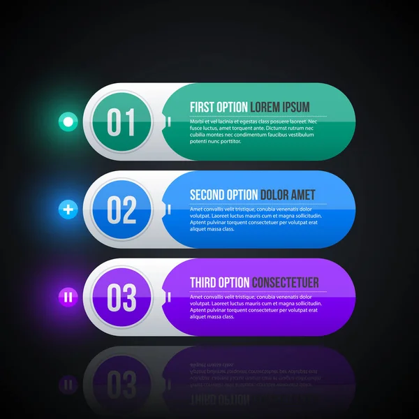 Tres banners web redondos en estilo corporativo brillante sobre fondo negro — Vector de stock