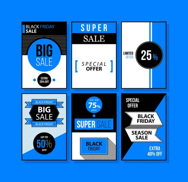 Set van zes Black Friday banners/posters in zwarte en blauwe stijl op lichte achtergrond — Stockvector