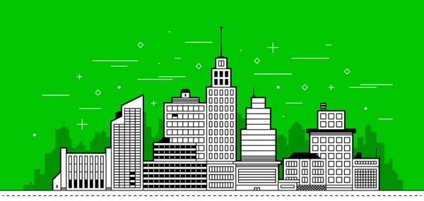 Illustration de ville moderne. Tours et bâtiments dans le style sur fond vert — Image vectorielle