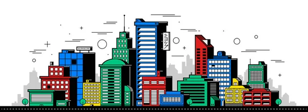 Ilustracja nowoczesnego miasta. Wieże i budynków w stylu kolorowy kontur na białym tle — Wektor stockowy