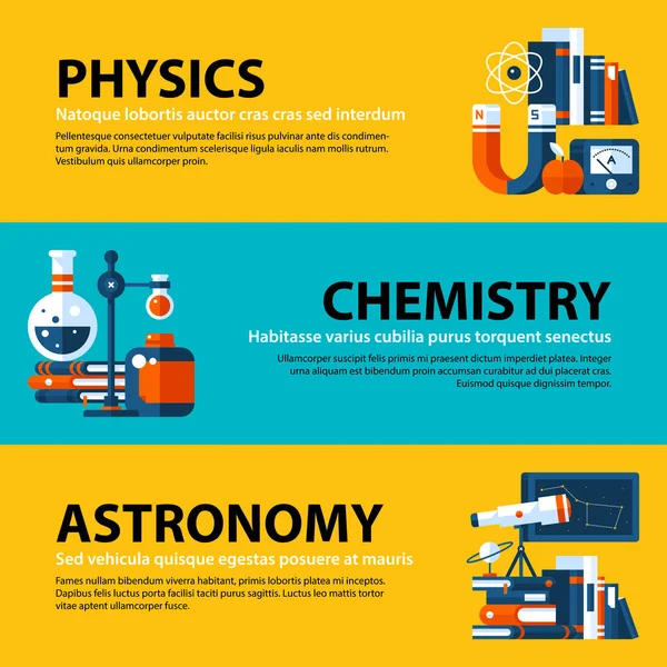 Conjunto de tres banners web sobre temas educativos y universitarios en estilo de ilustración plana sobre fondo colorido. Física, química y astronomía . — Archivo Imágenes Vectoriales