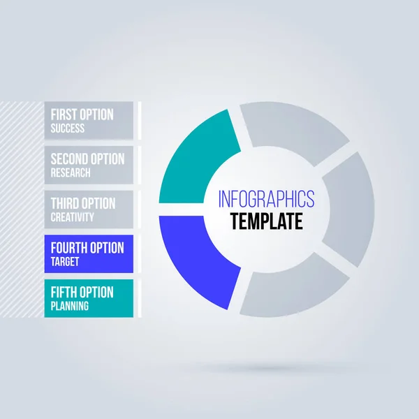 Modèle d'infographie de tarte avec cinq segments dans un style d'affaires propre sur fond blanc — Image vectorielle