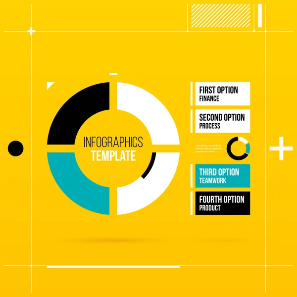 Taart infographics sjabloon met vier segmenten in kleurrijke hi-tech stijl op heldere gele achtergrond — Stockvector