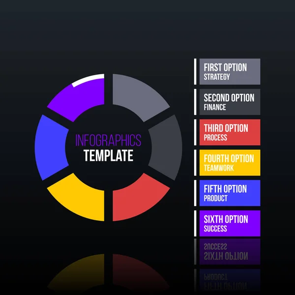 Plantilla de infografías de pastel con seis segmentos en estilo corporativo limpio sobre fondo negro brillante — Archivo Imágenes Vectoriales