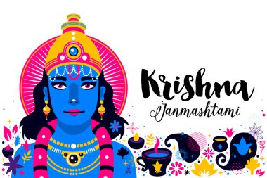 Krishna Janmashtami reklam şablonu. Modern tarzda illüstrasyon. Poster, kartları ve davetiyeler için yararlı.